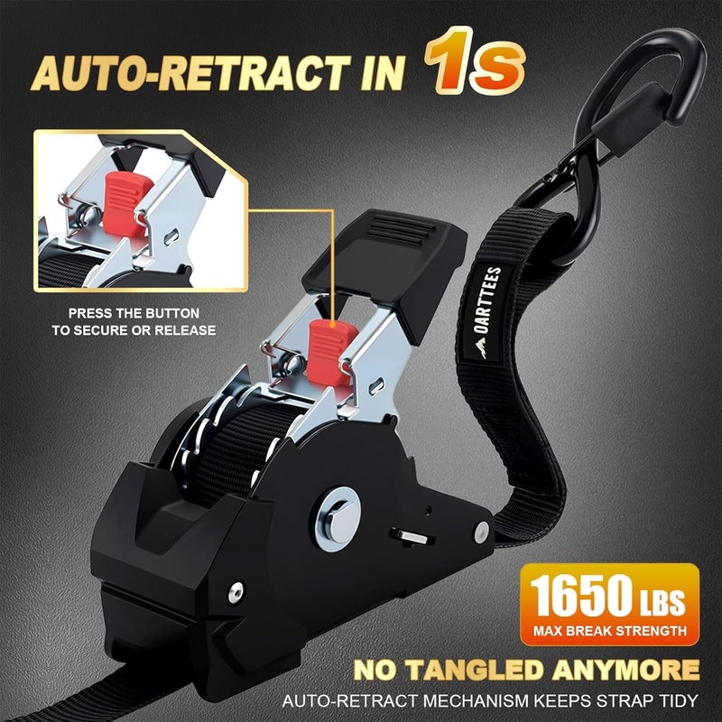 OARTTEES Retractable Ratchet Straps (4-Pack) - 1 Inch x 10 Feet (1,650lb Break Strength) - Heavy Duty Auto Self Retracting Tie Down Straps for Truck, Cargo Trailer, Motorcycle, ATV, UTV - Black - Image 2